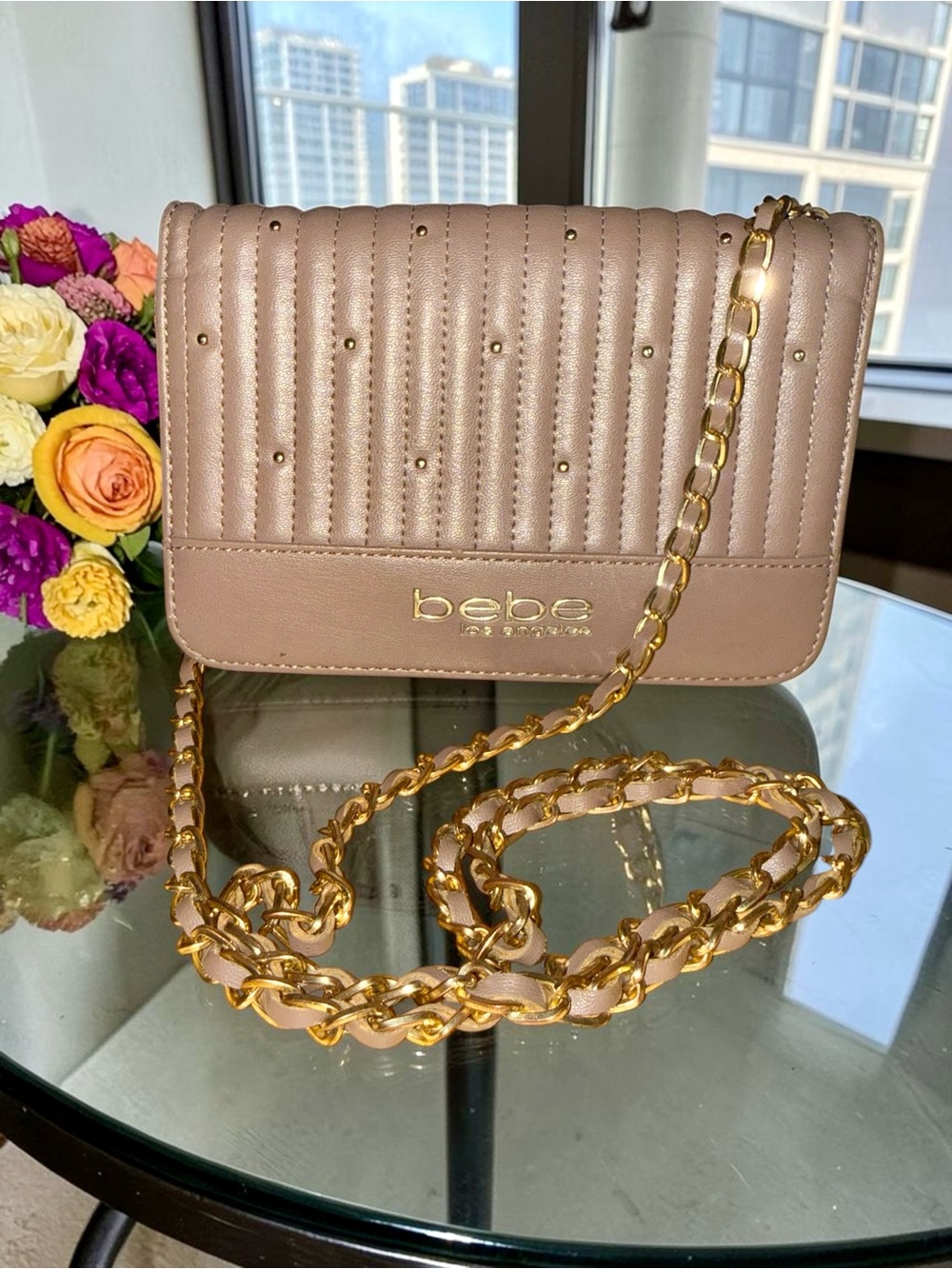 Bebe Quilted Taupe Crossbody with Gold Chain EUC